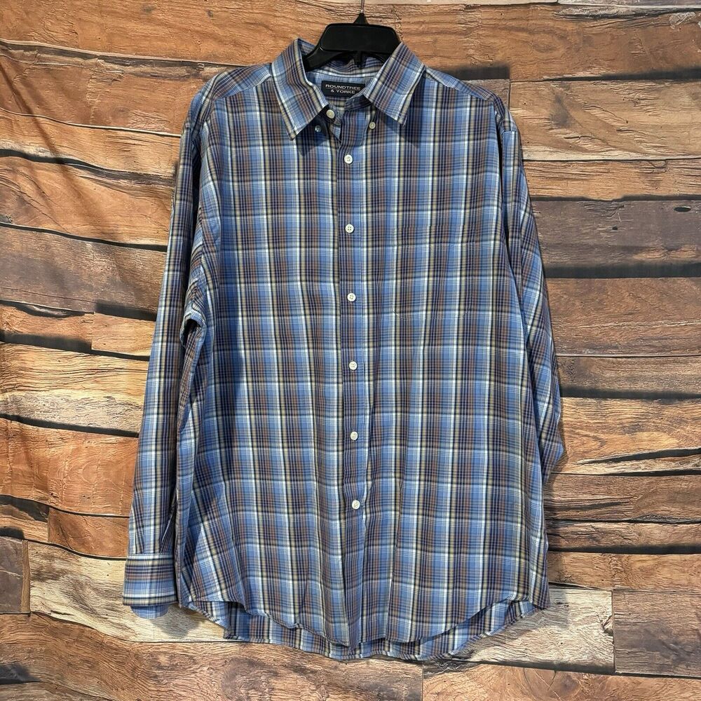 Roundtree & Yorke XL Plaid Button Up Shirt Long Sleeve Blue Casual Long Sleeve
